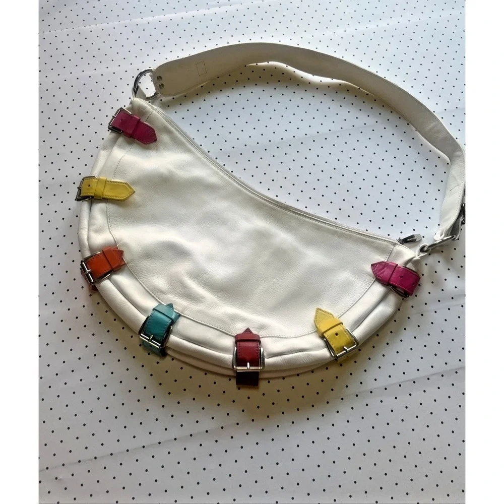 B. Berge‎ Italy White Leather Rainbow Buckle Hobo Shoulder Bag Y2K Made in Italy